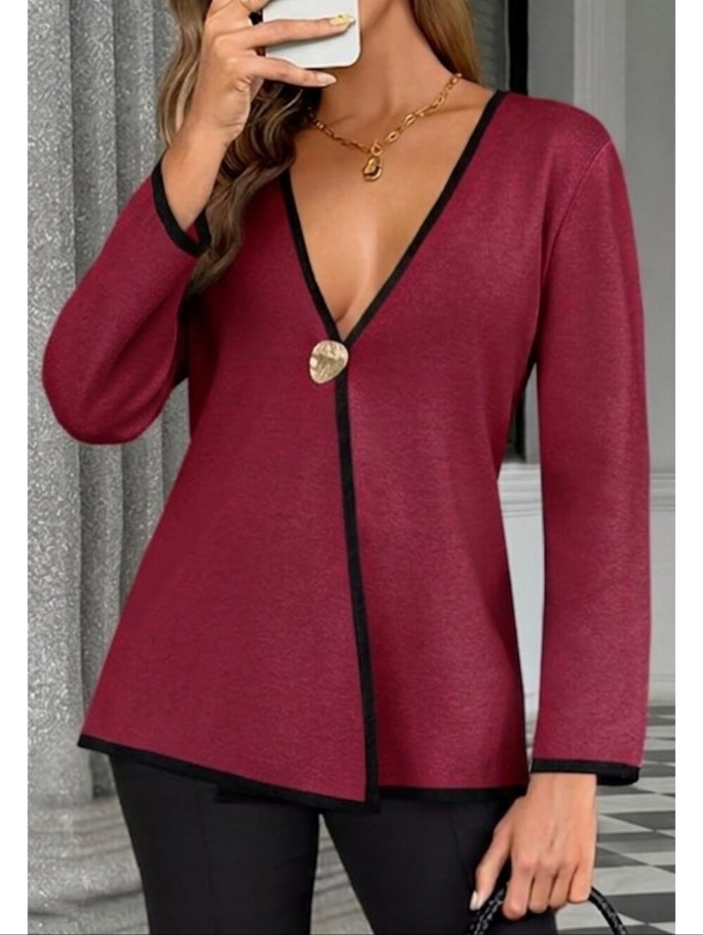Saodimallsu  V-neck Cardigan Sweater Burgundy Size L
